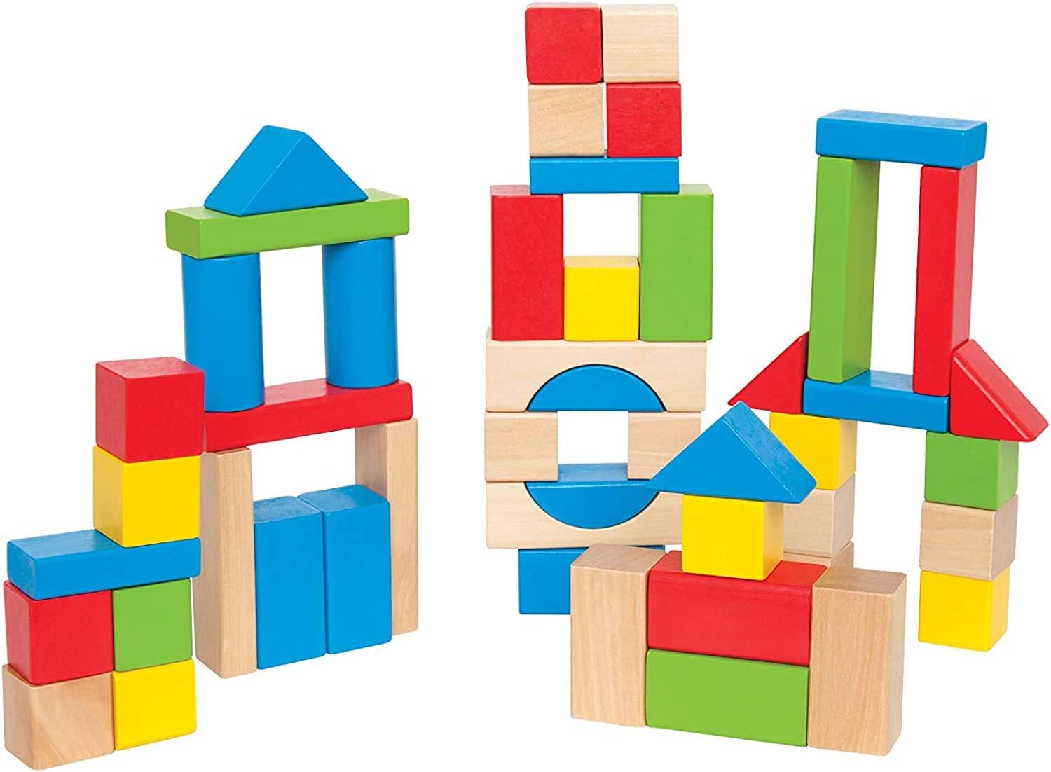 Maple Wood Kids Building Blocks Stacking Wooden Block Educational Toy Set for Toddlers, 50 Brightly Colored Pieces in Assorted Ss and Sizes