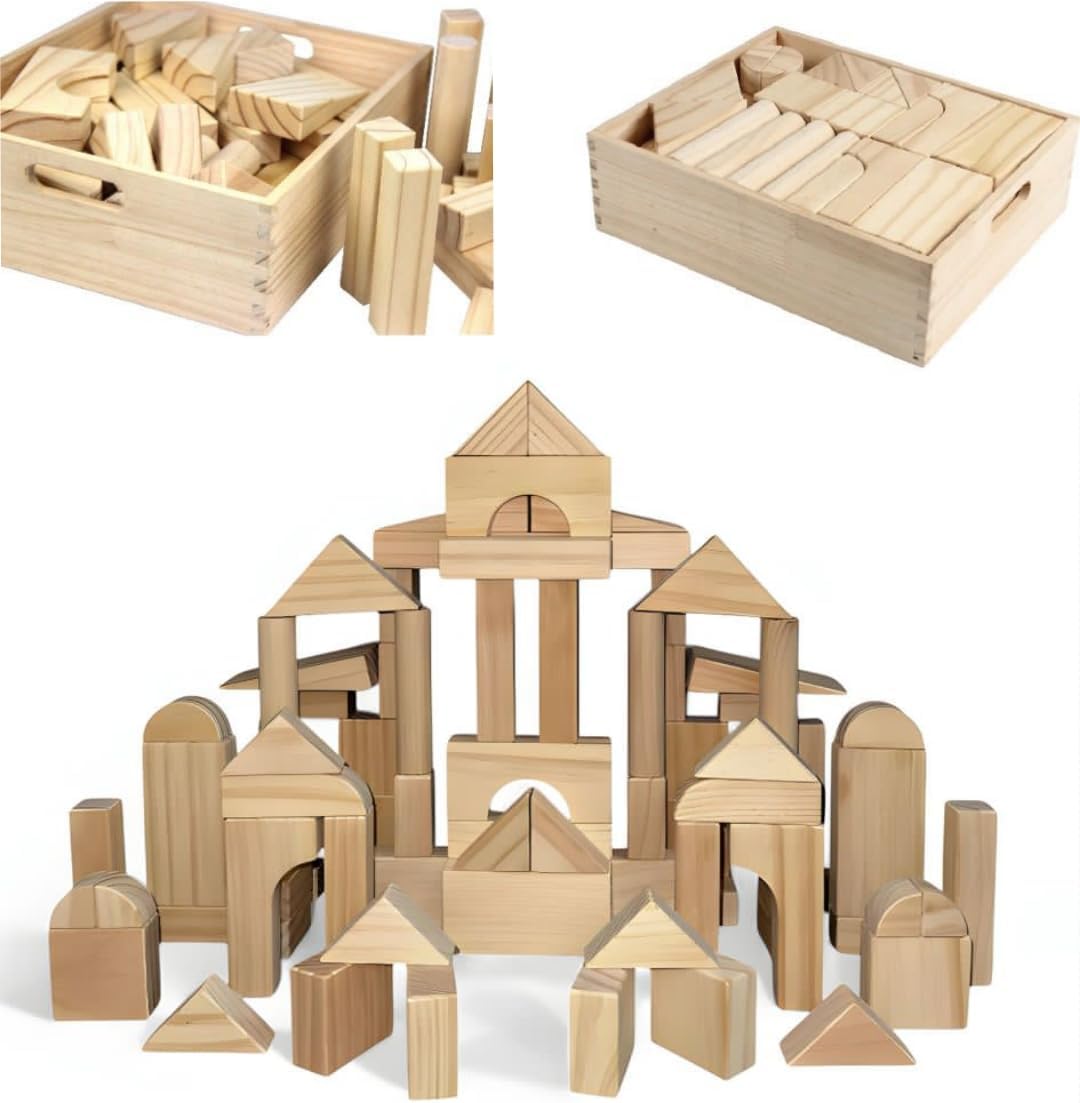 Standard Unit Building Blocks for Toddlers with Storage Tray (64 Pcs) Sanded Wood Blocks for Children, Original STEAM, and  Learning, Classic Wooden Toys for Kids Parties and Classrooms