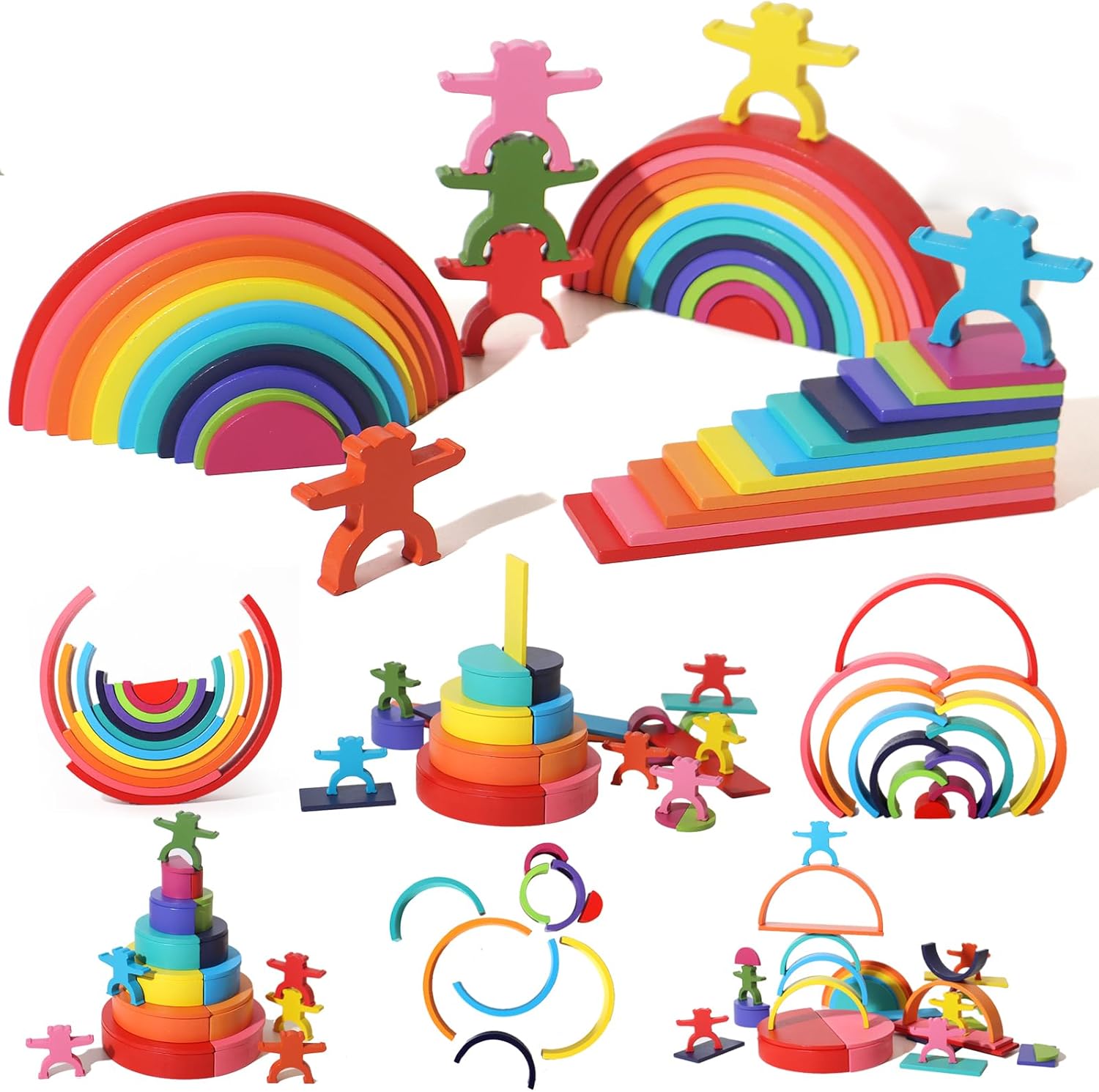 40-Piece Wooden Rainbow Stack Set, 4-in-1 Building Blocks preschoolers Early Development & Activity Toys  Toys for Kids 3, 4, 5, 6 Years and Older Gifts for Boys and Girls