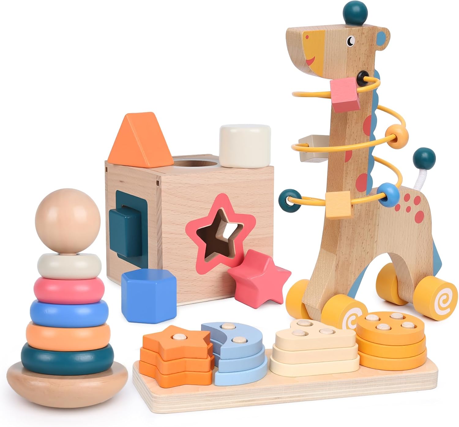 4-in-1 Wooden  Toys for 1+ Year Old, Educational Sensory and Baby Learning Toys for Toddlers Aged 1-3, Best Gifts for Birthday(Log)