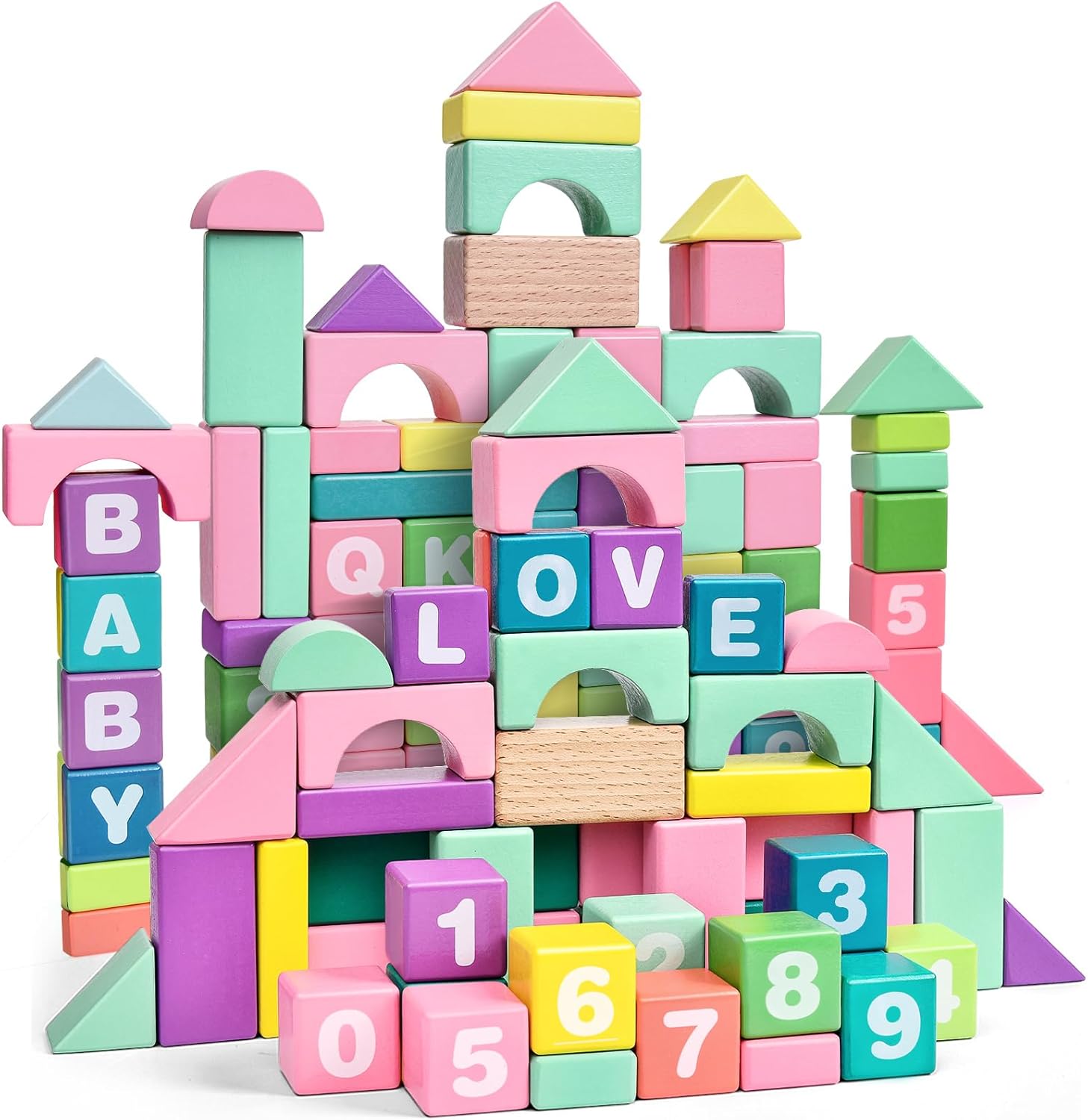Wooden Building Blocks for Toddlers, 61 Pcs  Stacking Toys in 9 Colors with Alphabet & Number, Preschool Learning Toys Gifts for Kids 3 4 5 Years Old