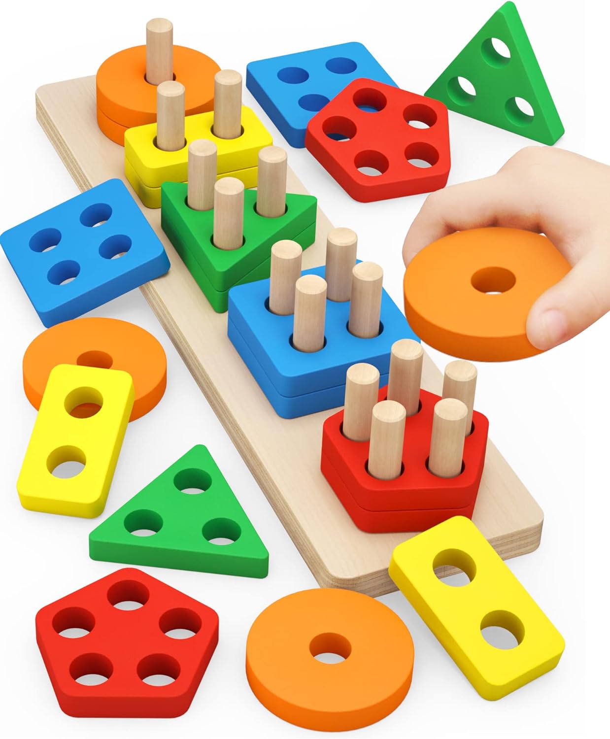 Toys for 1 to 3-Year-Old Boys Girls Toddlers, Wooden Sorting & Stacking Toys for Toddlers and Kids Preschool, Educational Color Recognition Shape Sorter, Learning Puzzles Gift