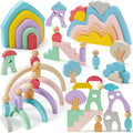 Wooden Building Blocks for Toddlers, 46 Pcs  Stacking Toys with Rainbow/Little People/Tree/House/Mountain, Learning Toddler Toys Birthday Gifts for Baby Kids 3 4 5 Years Old