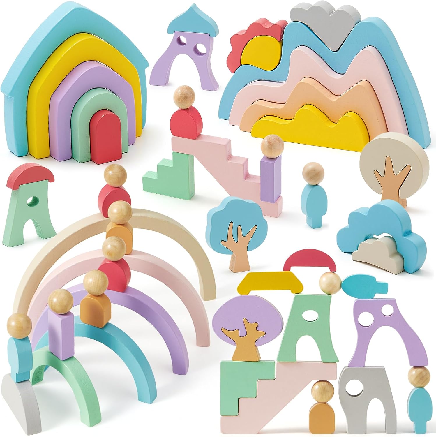 Wooden Building Blocks for Toddlers, 46 Pcs  Stacking Toys with Rainbow/Little People/Tree/House/Mountain, Learning Toddler Toys Birthday Gifts for Baby Kids 3 4 5 Years Old