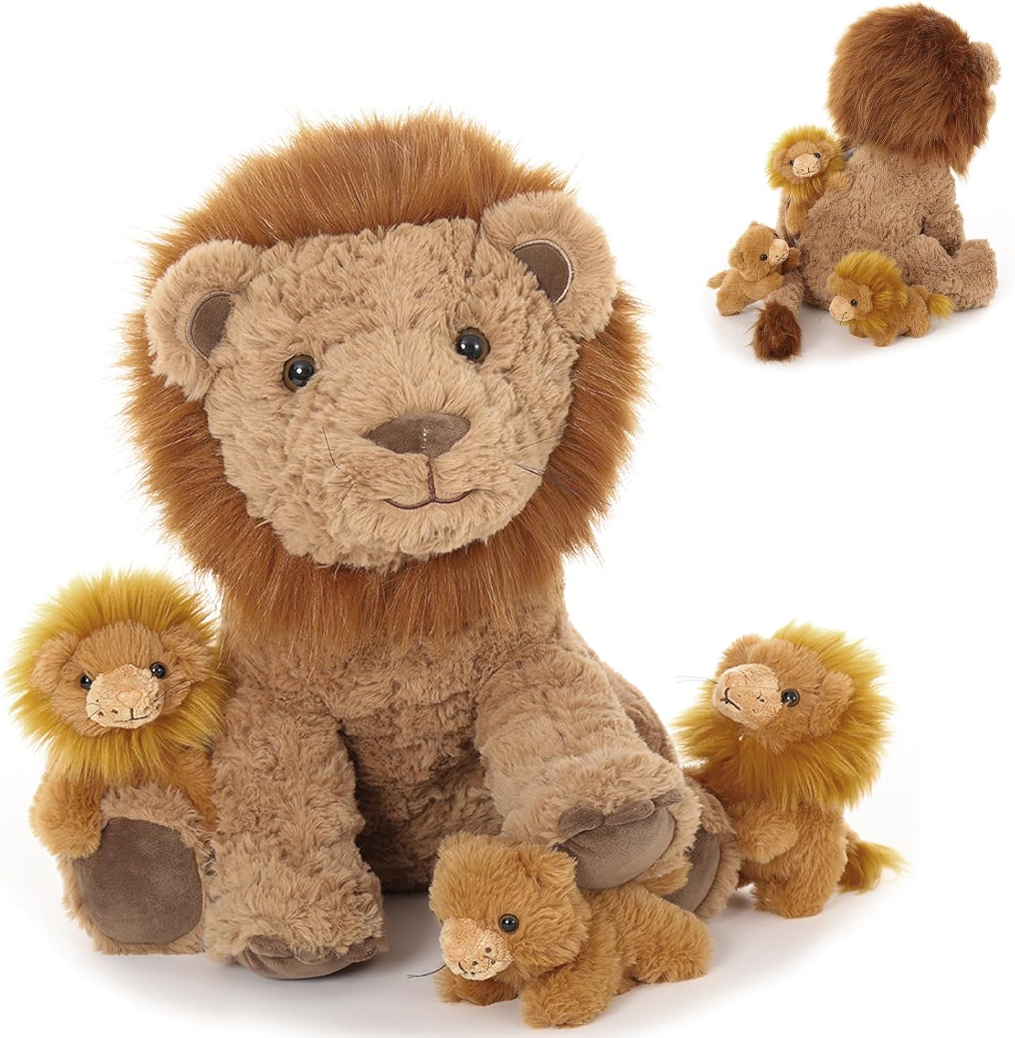 Lion Stuffed Animal Set - 17.7-Inch Lion with 3 Cute Baby Lions Plush Animal, Backpack Design for Storing Small Lions, Stuffed Lion for Kids on Birthday,Christmas or Baby Shower
