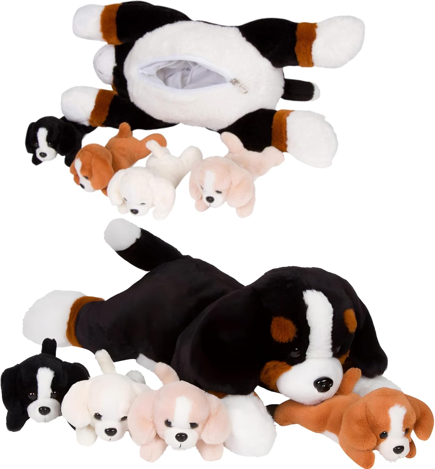 Dog Stuffed Animals - Bernese Mommy with 4 Puppies in Her Tummy - Huggable and Fluffy Dog Plushies for Imaginative Play - Plush Toys Suitable for Kids 3 Years Old and Above - 5" x 10" x 8"