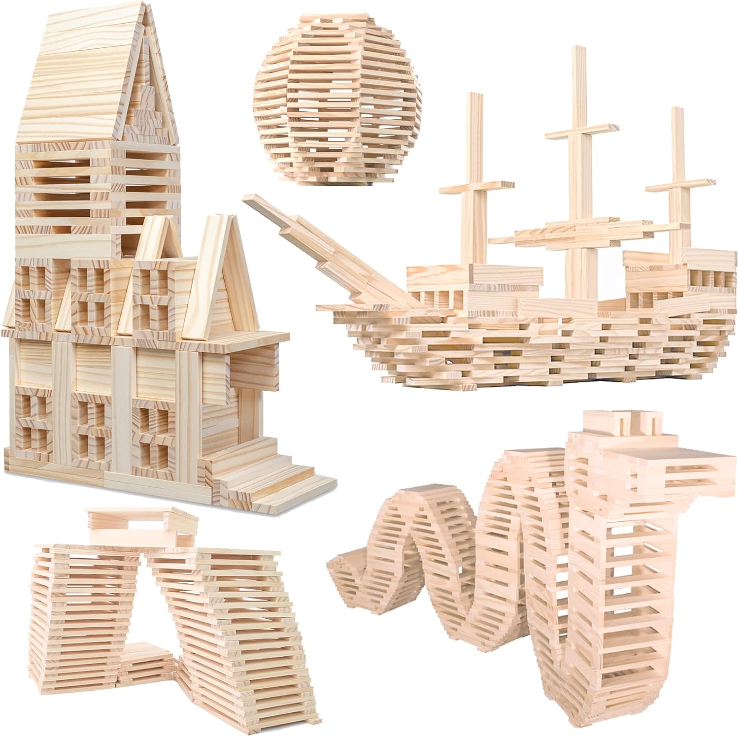 Wooden Plank Building Blocks 200PCS Sensory Toy for Kids,   Playset with Natural Pine Wood Creative Ss for Educational Preschool Learning 3D Space Stacking Games for Boys Girls