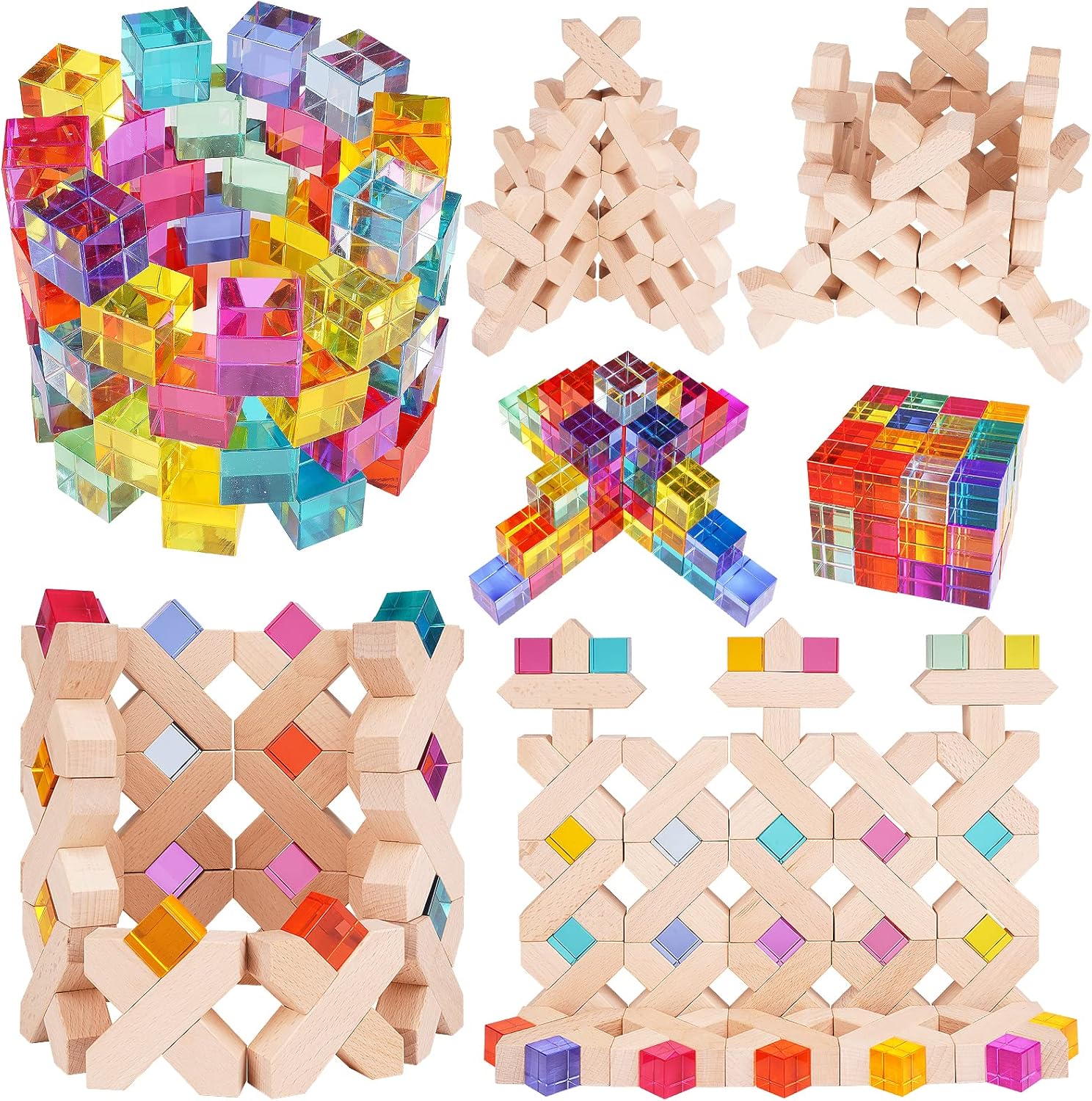 Wooden Rainbow Building Blocks Cube Gem Stacking Blocks Toy - Colorful  Rainbow Stacker Toy Elegant Wood Rainbow Cube Blocks- Acrylic Blocks Educational Toys for Toddlers- 80Pcs